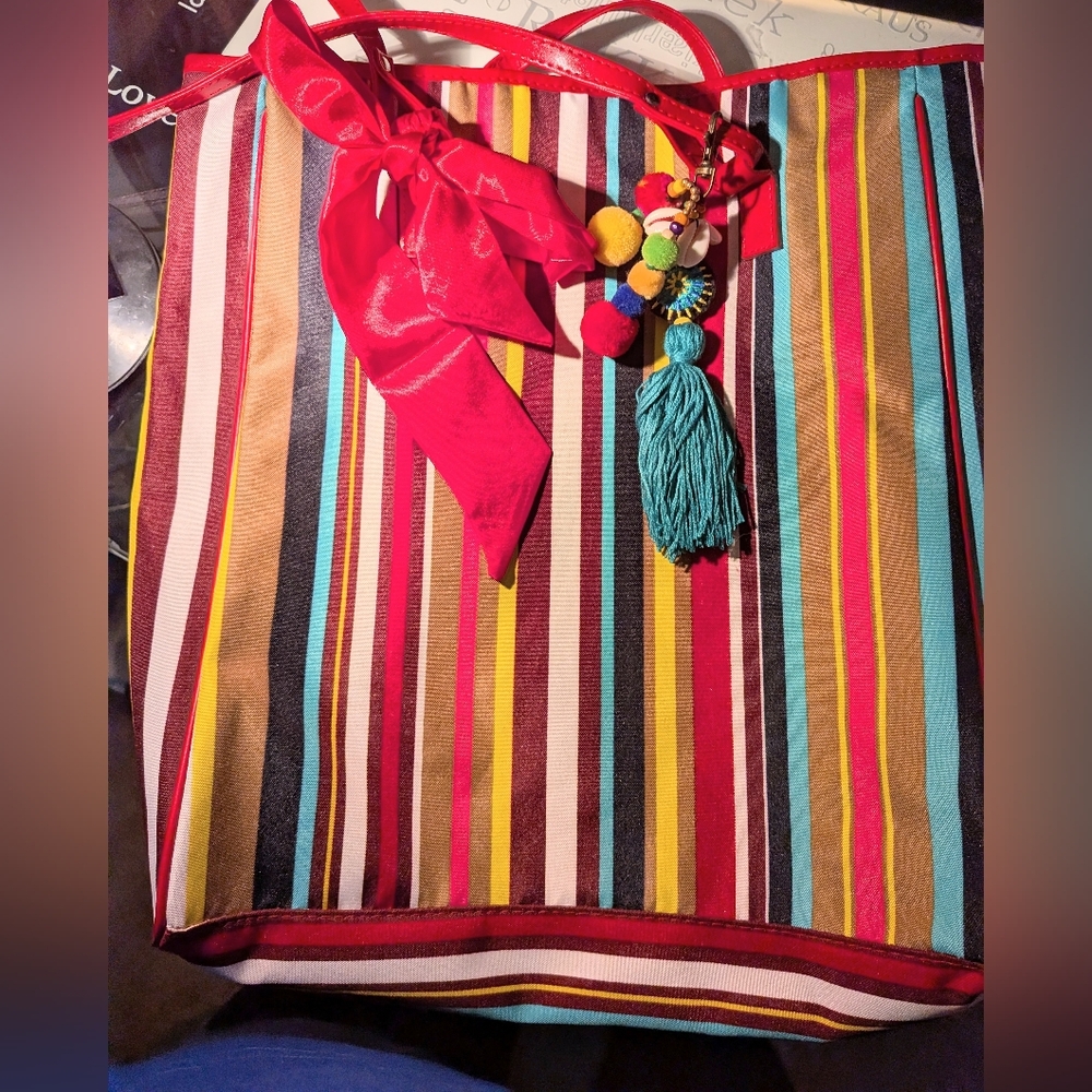 Lancome Vibrant Striped Tote with Red and Blue Accents